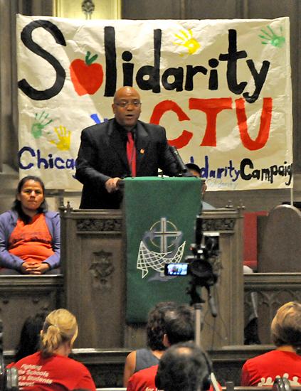 CTU Recording Secretary Michael Brunson speaks out for quality public schools at a town hall forum