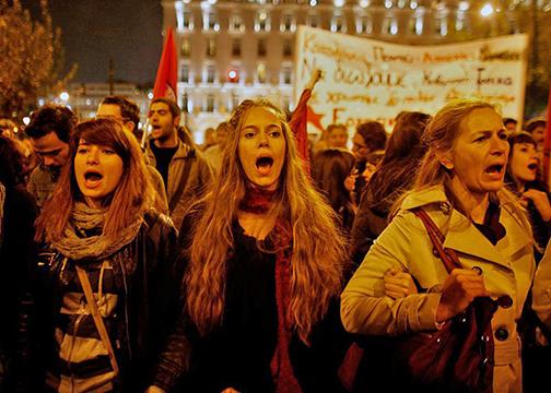 Protesting austerity in Syntagma Square outside the Greek parliament building